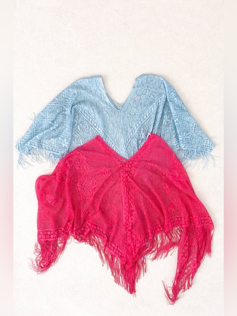 Hot Pink/ light blue  Crochet Swim Cover Up  Fringe Sheer Beach Boho Plus size